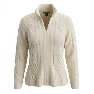 LAUREN Ralph Lauren Cream Cable Knit 100% Wool Zip Up Sweater Women's XL